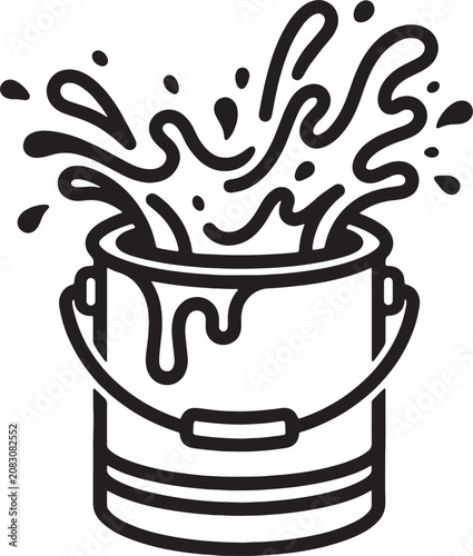 Small paint bucket with splashing liquid artistic black and white drawing