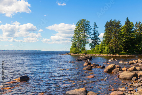 Summer daytime sky-water landscape, coastline, small island with fir trees.