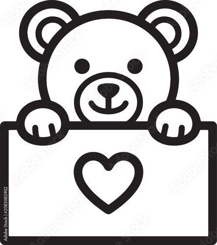 Cute teddy bear holding a card with a heart symbol outline icon, graphics