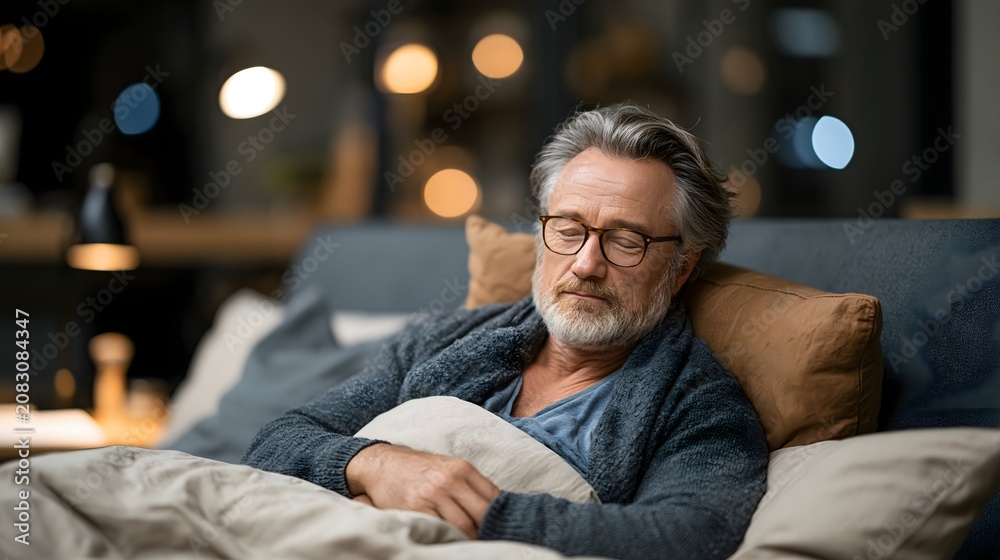 Fototapeta premium Senior adult experiencing poor sleep quality and chronic fatigue in a peaceful bedroom at night, realistic medical lifestyle photography