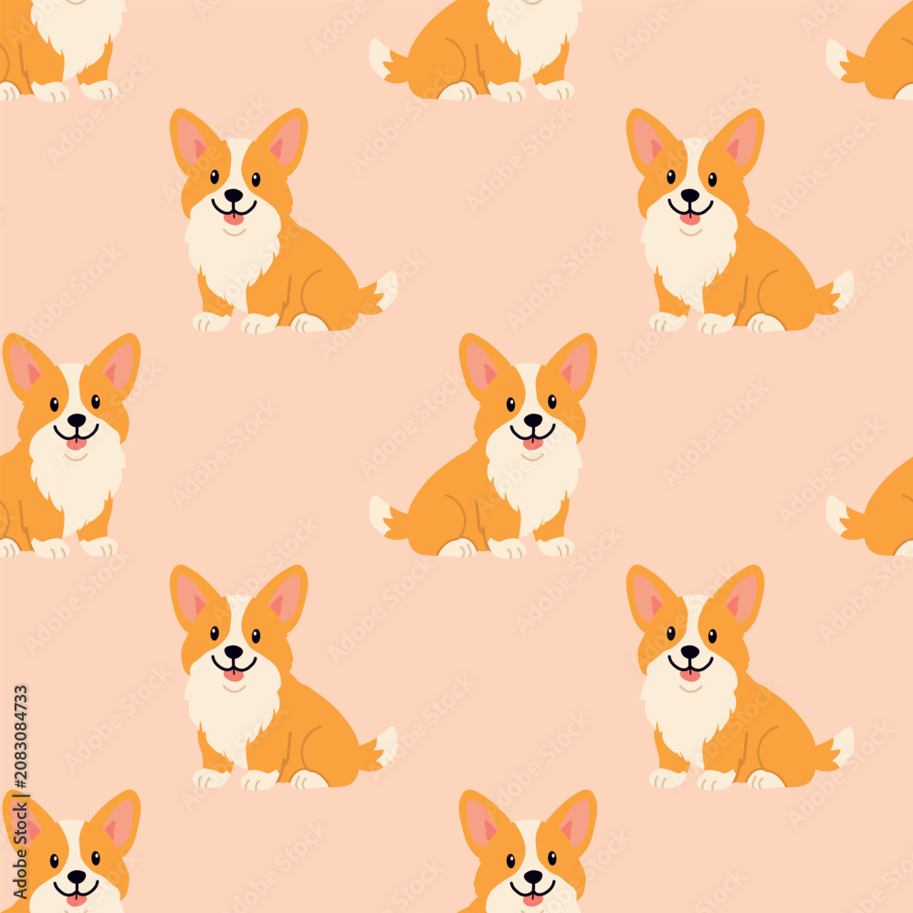 Fototapeta premium Fluffy orange corgi dog seamless pattern with sitting pedigree welsh corgis on peach pink background for fabric print wallpaper wrapping paper and pet shop brand identity accessories