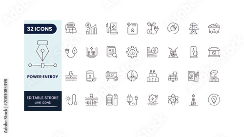Tableau sur toile Power and Energy Icon Set in Outline Style – Collection of Renewable Energy, Ele