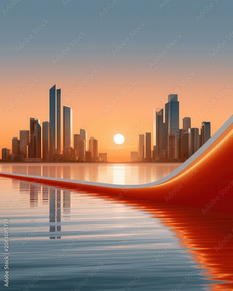 Fototapeta premium Futuristic city skyline at sunset merging into a glowing upward growth graph over water