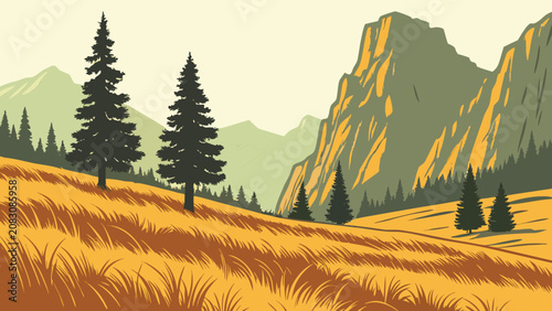 Remote Highland Meadow Flat Vector Landscape