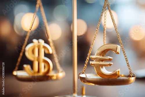 Gold balance scales with dollar and euro symbols