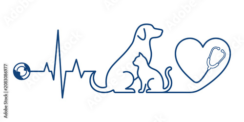 Continuous line art design of dog and cat silhouette with heartbeat and heart isolated on transparent background