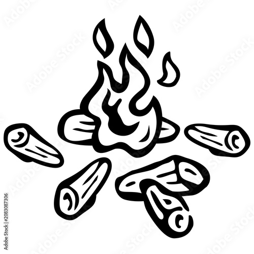 Simple black and white campfire icon featuring burning flames surrounded by wooden logs. A clean line art illustration perfect for camping, outdoor adventure, survival, bonfire, fire safety, signage, 