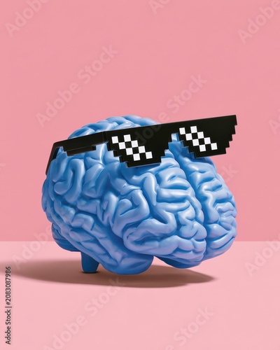 Blue brain wearing pixel sunglasses on pink background representing creativity, cool thinking and idea concept
