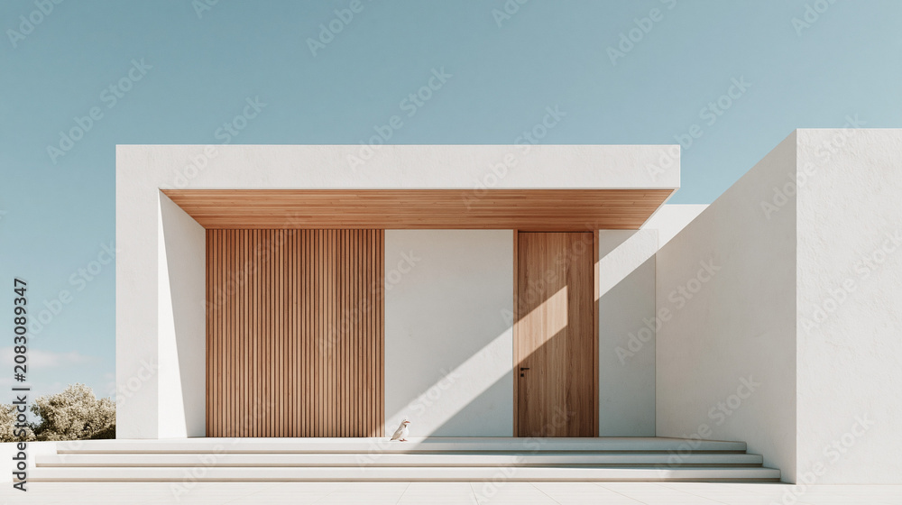 Fototapeta premium Modern staircase with wooden steps and white walls in bright room