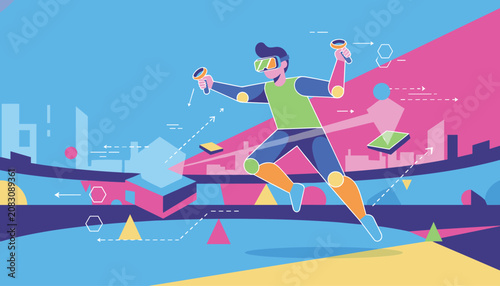 Energetic gamer wearing virtual reality headset and controllers floats in a vibrant futuristic game space or metaverse world.