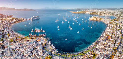 Принти на полотні Aerial Bodrum, Turkey on the Aegean Sea, with sailboats and yachts dotting the turquoise waters, St