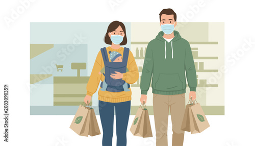 Responsible parents wearing protective medical face masks carry shopping bags and baby in carrier at supermarket.