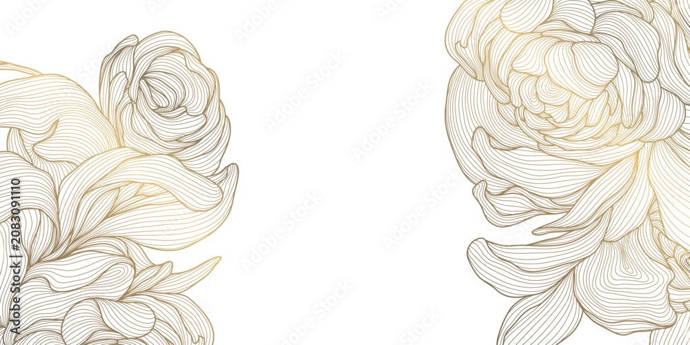 Fototapeta premium Luxury floral background with elegant golden line peonies, leaves, botanical ornament Chinese and Japanese art. Wedding invitations, greeting card, packaging, wallpaper, banner, corners