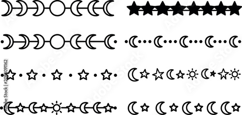 Black celestial moon star and sun divider border vector line art set