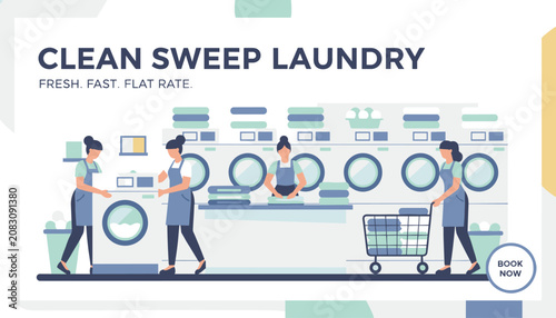 Clean sweep laundry business banner depicting workers busy with washing machines and folding clothes inside a laundromat.