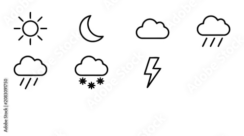 Obraz na płótnie Weather forecast icons show various conditions including sun, moon, clouds, rain, snow, and lightning in a simple line drawing style