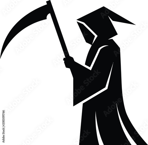Schilderij op canvas Black silhouette of grim reaper holding a sharp scythe isolated on transparent b