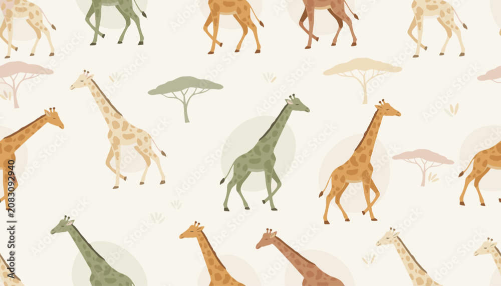 Obraz premium Seamless pattern featuring cute cartoon giraffes of various colors walking among acacia trees on a light cream background design.