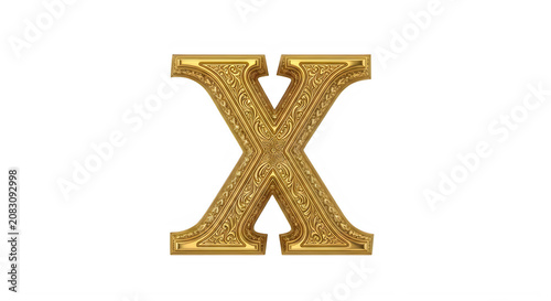 Gold ornate letter X with intricate patterns and designs transparent background