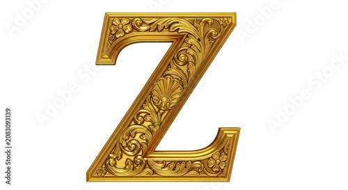 Ornate gold capital letter Z with floral patterns isolated on white background transparent background
