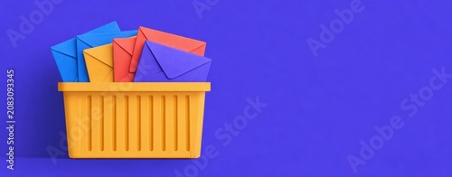 Colorful Envelopes in Yellow Basket 3D Illustration for Communication Concepts with Purple Background and Copy Space for Business Messaging