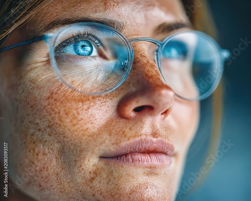 Close up portrait of woman with freckles wearing blue light blocking glasses with screen reflection for digital eye strain protection and vision care.