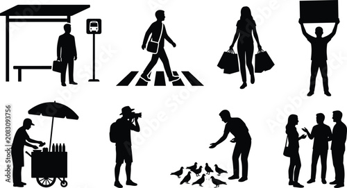 Tableau sur toile Urban City People Silhouette Vector Set Featuring Commuters Shoppers Pedestrians