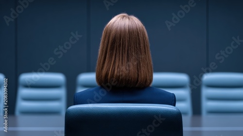 Professional woman with bob haircut sitting at modern office conference table for corporate leadership meeting with copy space for business text