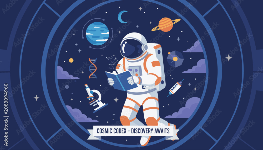 Naklejka premium Astronaut in deep space reading an interesting scientific book with planets dna model and microscope symbols around him.
