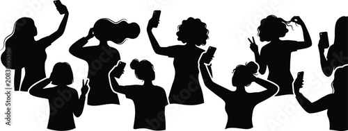 Foto Group silhouette of young women taking selfies with smartphones isolated on whit