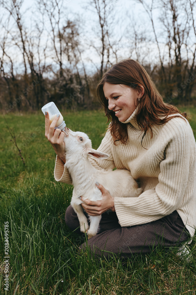 Fototapeta premium A woman in a knitted sweater bottle feeds a young goat outdoors, amid grass and trees. A tender moment of caregiving, farm lifestyle, and animal bonding in a natural setting today.
