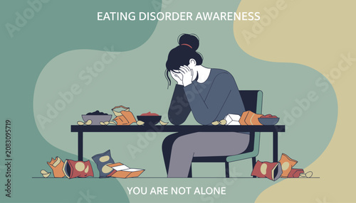 Eating disorder awareness banner with a stressed young woman crying at a table surrounded by empty junk food bags.