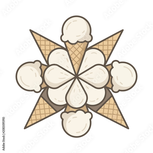 Symmetrical pattern of ice cream cones forming star.