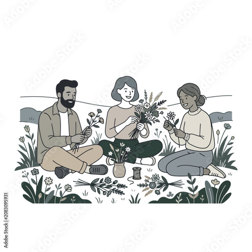 Three friends arranging wildflower bouquets in grassy field.