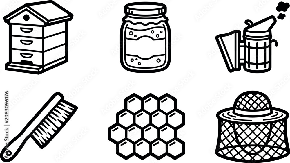 Fototapeta premium Bee hive honey jar smoker brush comb and beekeeper hat
