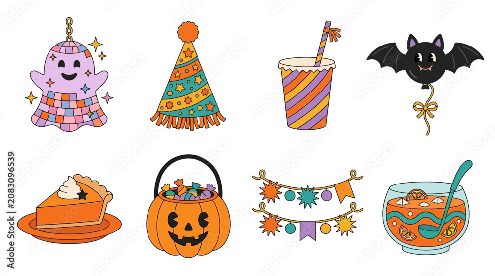 Fototapeta premium Ghost Disco Ball and Retro Party Hat Grid Sheet for Groovy Retro Halloween Birthday Invitations