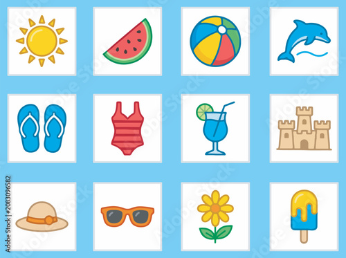 Summer Holiday Elements and Beach Icon Set Vector