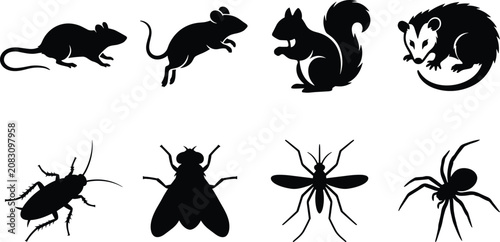 Bild auf Leinwand Collection of Pest and Wildlife Silhouettes Including Mice, Cockroach, Fly, Mosq