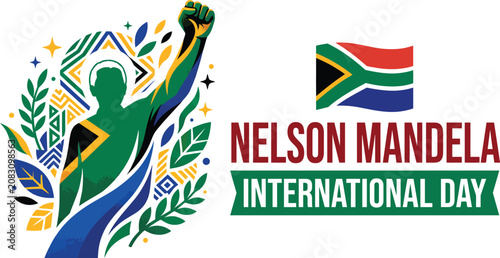 Obraz na plátne Nelson Mandela International Day emblem featuring decorative leaf wreath nationa