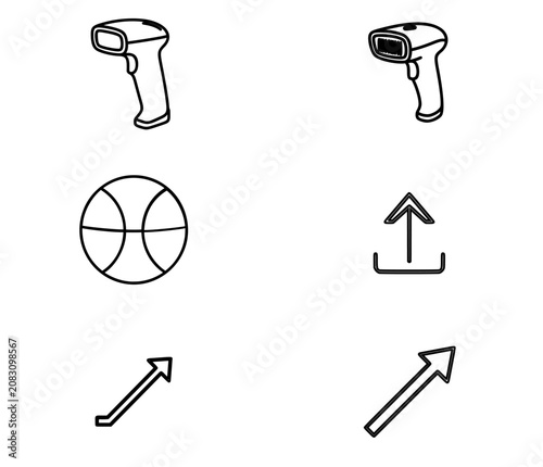 Hand-traced vector icon set of growth arrows, upload symbol, barcode scanners and basketball, minimalist black outline bundle for business, retail, logistics, sports, cloud apps and finance EPS