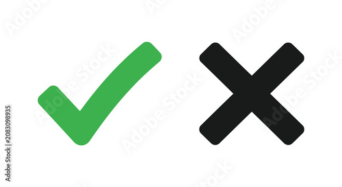 Obraz na płótnie Green checkmark and black cross symbols a flat vector illustration on a white ba