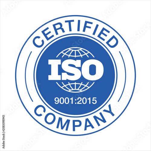ISO 9001:2015 certified company round blue stamp vector icon template for quality management system certification.