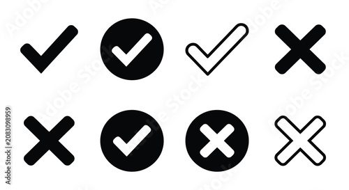 Tableau sur toile Checkmark And Cross Icons Black And White Vector Symbols On Transparent Backgrou