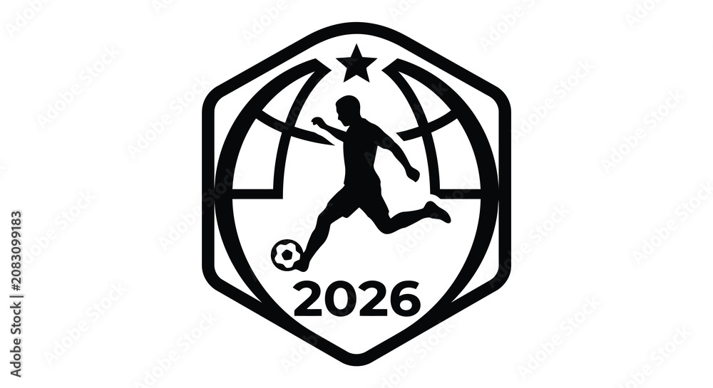 Fototapeta premium Soccer themed Hexagonal Emblem With Player Silhouette Vector Illustration Black And White football athlete
