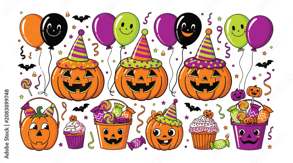 Obraz premium Happy Halloween celebration with smiling pumpkins, festive balloons, candy buckets, and cupcakes for a spooky party