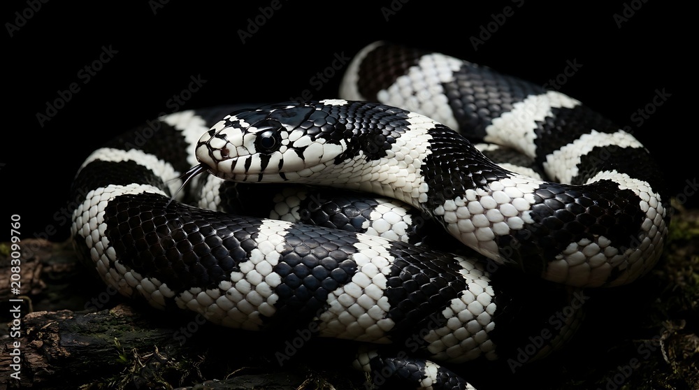 Fototapeta premium Captivating Close-Up of a Black and White Banded Snake Coiled on a Dark Background.