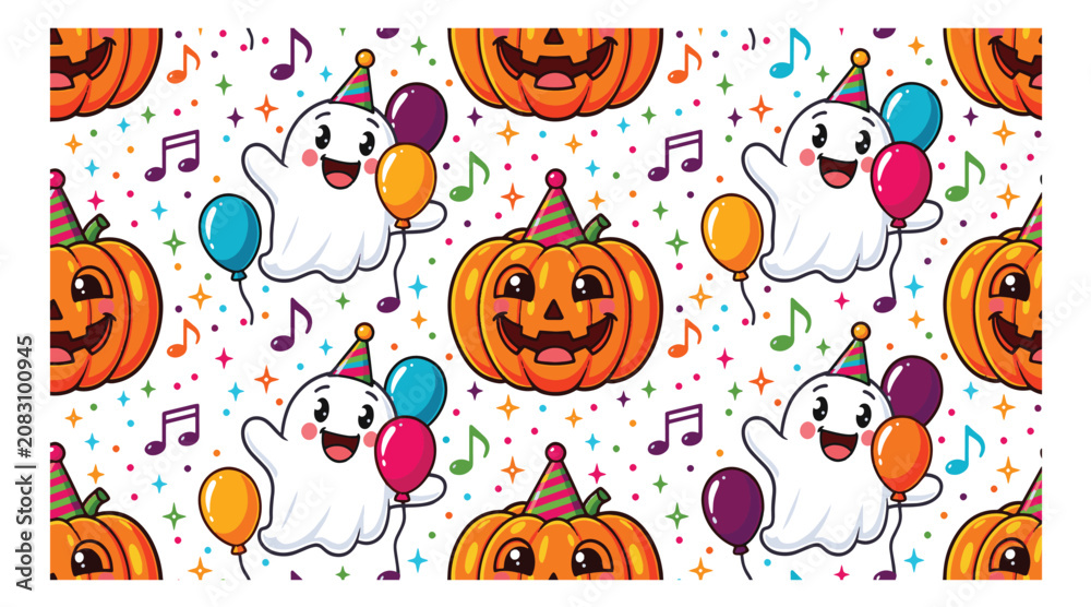 Fototapeta premium Cute Halloween pattern featuring smiling pumpkins and joyful ghosts celebrating with balloons and music notes