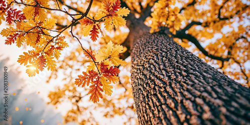 Beautiful golden oak foliage and strong tree bark close up, warm sunny fall canopy scenery, horizontal nature wallpaper template with copy space.
