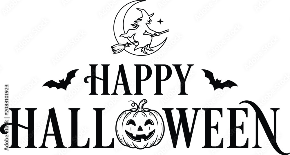 Obraz premium Halloween Illustration With Witch On Broom Crescent Moon And Jack o lantern