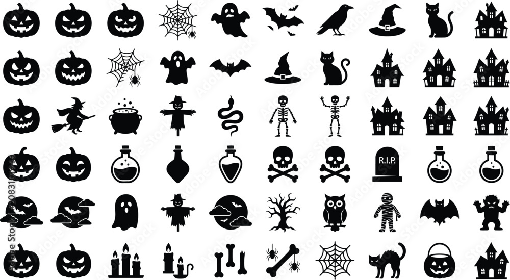 Naklejka premium Halloween Silhouette Icons On White Background Spooky Vector Collection